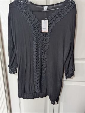 Black Crochet-Trim V-Neck Swim Tunic